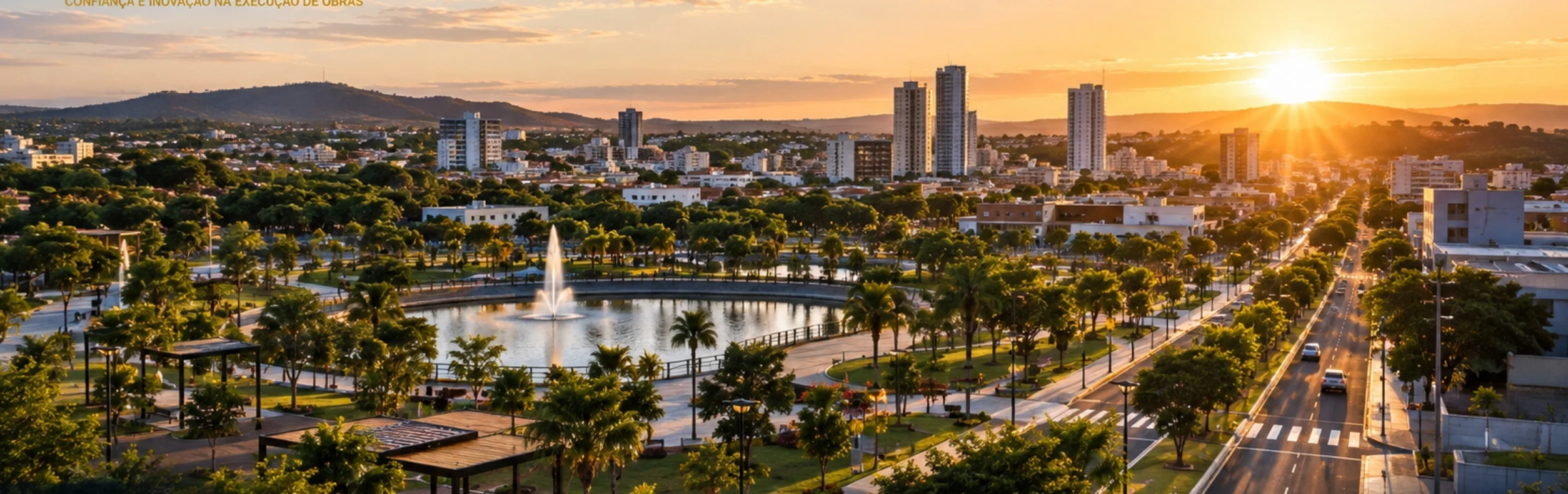 Paisagem urbana com parque, vias e edifícios, do material institucional da construtora